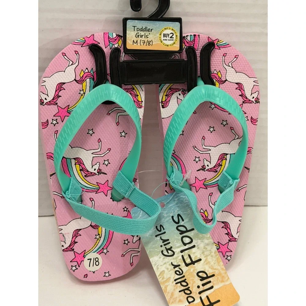 Toddler Girls Pink Unicorn‎ Rainbow Flip Flops with Back Strap Size 7/8 M NWT